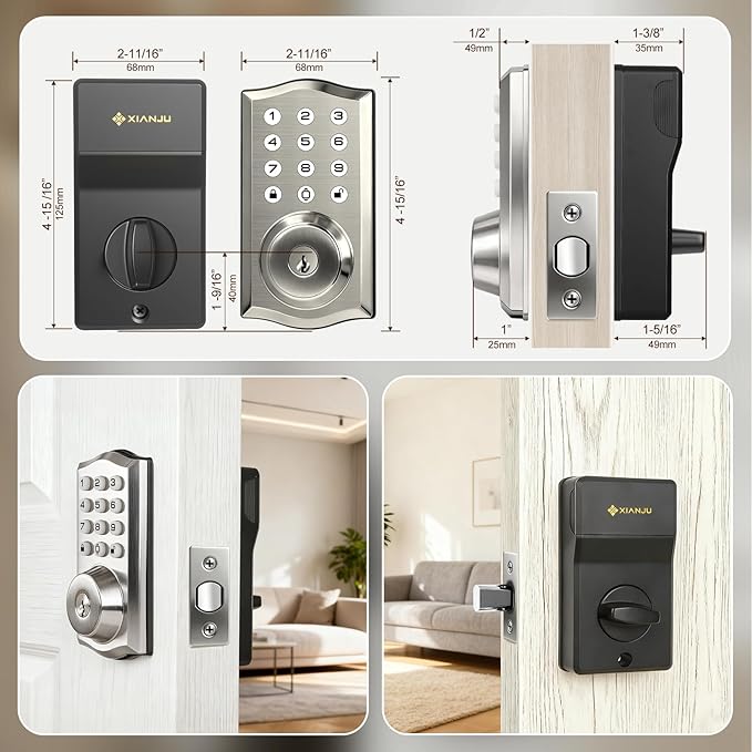 Keyless Entry Door Lock with Keypad, Auto Lock, Voice Prompt, Smart Deadbolt Lock for Front Door with Key, Satin Nickel – Easy Installation, IP55 Waterproof