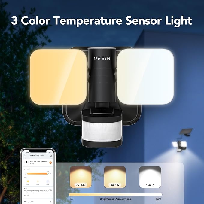 OREiN Wired and Solar Hybrid LED Smart Motion Sensor Light Outdoor Flood Lights with RGB Uplight Bluetooth APP Solar Motion Lights Outdoor Waterproof IP65 for Yard Garage Gate