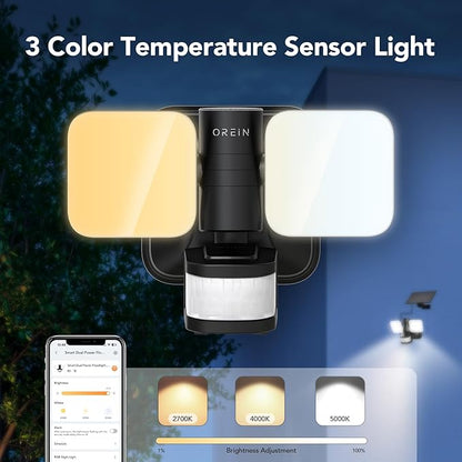 OREiN Wired and Solar Hybrid LED Smart Motion Sensor Light Outdoor Flood Lights with RGB Uplight Bluetooth APP Solar Motion Lights Outdoor Waterproof IP65 for Yard Garage Gate