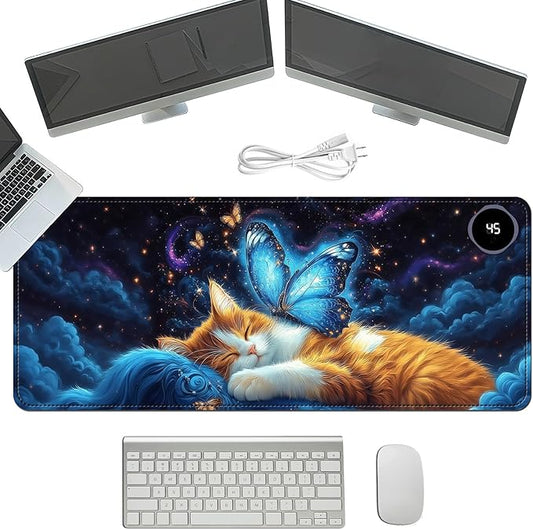 Heated Mouse Pad with 3 Temperature Settings(104°F–122°F),Large 31.5x13 Inch PU Leather Heated Desk Mat,Waterproof Warming Pad for Office,Gaming & Cold Hands Relief,Cat Bule Butterfly