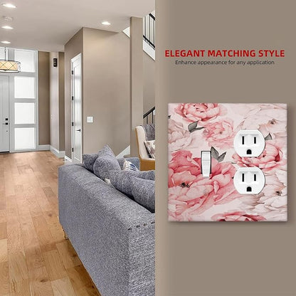 Decorative Outlet Covers Ink Pink Peony Flower Rustic Floral 2 Gang Wall Plate Single Toggle Duplex Light Switch Cover Switch Plate Covers Faceplate for Home Bedroom Decor