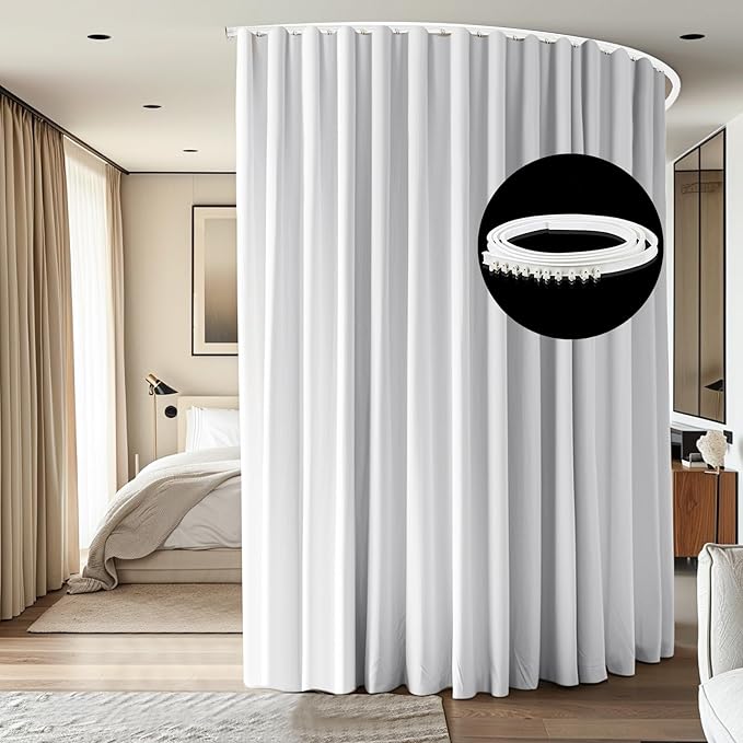 Room Divider Ceiling Mounted Curtains Track Sets Extra Wide Blackout Curtain Flexible Tracks for Bedroom Privacy Partition Separator, 1 Panel White Drape and White Rail, W15 x H7ft