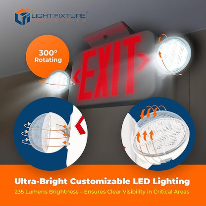 LFI Lights® Compact Remote Head Capable COMBO UL 924 Listed, Exit Sign with Emergency Lights, Red LED, White, 120/277VAC Hardwired with Battery Backup, Optional Double Face and Knock Out Arrows COMBOJR2RWRH