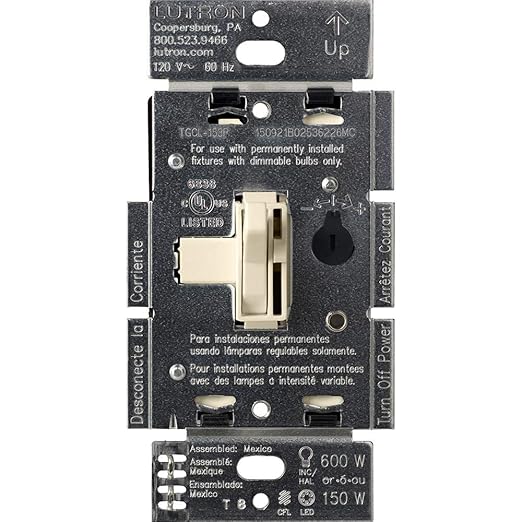 Lutron Ariadni/Toggler LED+ Dimmer Light Switch for Dimmable LED, Halogen and Incandescent Dimmer Switch, 150W, Single-Pole/3-Way, AYCL-153P-AL, Almond