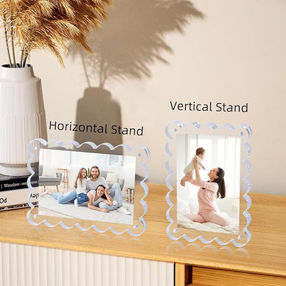 3 Pack Acrylic Picture Frame: 4x6inch Magnetic Picture Frames, Double Sided Magnet Frames,10+10mm Thick Block, Clear Photo Scalloped Frames Freestanding for Desktop Display