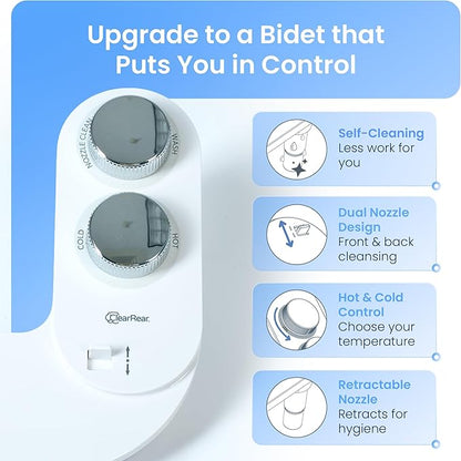 CLEAR REAR Bidet Attachment for Toilet Seat - Non-Electric, Self-Cleaning Dual Nozzle, Adjustable Water Pressure, Rear & Feminine Wash Hygienic Upgrades - Fits Elongated Toilets (Cold & Warm Water)