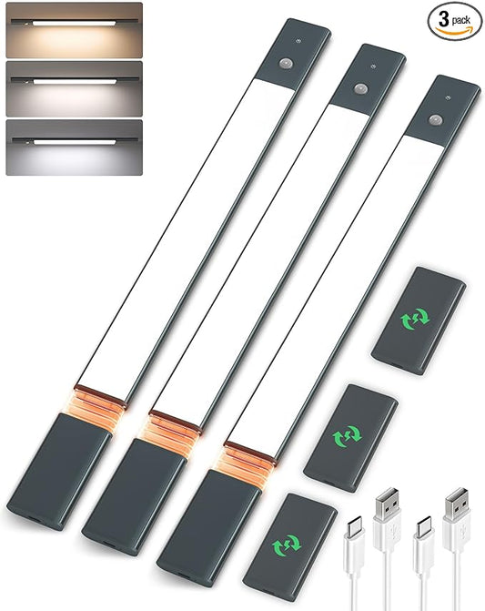 EZVALO Under Cabinet Lights with 3 Extra Batteries, 2200mAh Rechargeable Motion Sensor Light Indoor, 3 Color Temps, Dimmable Closet Lights for Pantry, Wardrobe