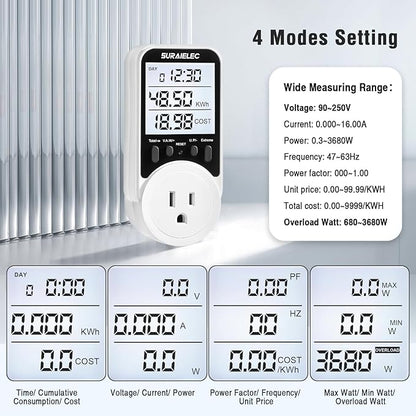 Suraielec Watt Meter, Plug-in Socket Power Meter, 90V-250V Wide Range, Backlit Large Display, Auto Cost Calculator, Overload Protection, Kilowatt Wattage Voltage AMP Tester, Electricity Usage Monitor