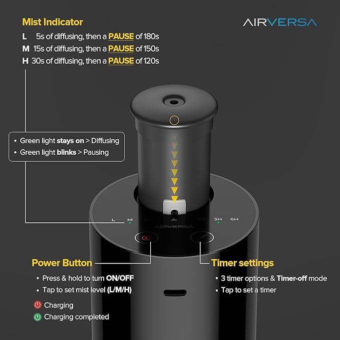 Airversa Waterless Essential Oil Diffuser Starter Kit with 30mL Hotel Fragrance Oil Inspired by Ritz-C., Battery Operated Car Diffuser, Portable Aroma Nebulizer for Home Car Office, AN6Kit-2, Black