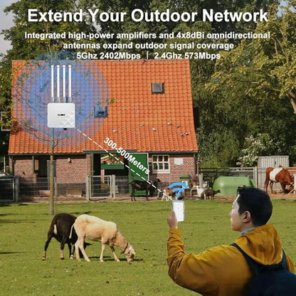 KuWFi Outdoor WiFi 6 Access Point, 3000Mbps Long Range Extender, IP67 Waterproof, PoE+ Powered, Cloud Managed, Supports 256 Users, Ideal for 300-500m Coverage, Compatible with Starlink