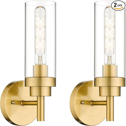 Emak Brushed Gold Sconces Wall Decor Set of 2, Modern Bathroom Light Fixtures Wall Sconce with Clear Glass Shade for Bathroom, Bedroom, Living Room, Hallway, WS085-BGD-2PK