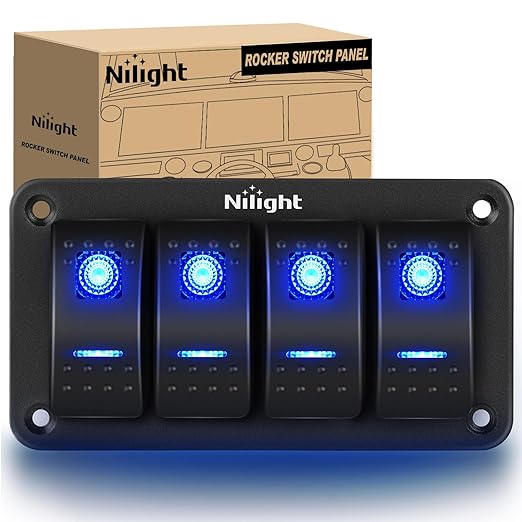 Nilight - 90109D 4 Gang Aluminum Rocker Switch Panel Toggle Dash 5 Pin ON/Off Pre-Wired Rocker Switch Blue Backlit Switch for Automotive Car Marine Boat RV,2 Years Warranty
