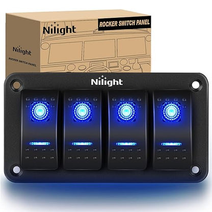 Nilight - 90109D 4 Gang Aluminum Rocker Switch Panel Toggle Dash 5 Pin ON/Off Pre-Wired Rocker Switch Blue Backlit Switch for Automotive Car Marine Boat RV,2 Years Warranty