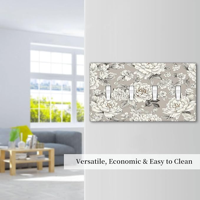 White Poppies Floral Modern Grey Peonies Flowers Light Switch Covers Quad Toggle 4 Gang Wall Plate Decorative Switch Plates Electrical Faceplate for Bedroom Bathroom Decor