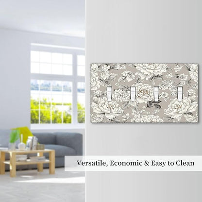 White Poppies Floral Modern Grey Peonies Flowers Light Switch Covers Quad Toggle 4 Gang Wall Plate Decorative Switch Plates Electrical Faceplate for Bedroom Bathroom Decor