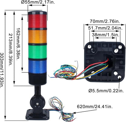 Led Signal Tower Stack Lights, Industrial Signal Warning Lights, Column Tower Lamp with Rotatable Base, Steady/Flashing Switchable,12V 24V DC(4-Layer, no Buzzer) Black
