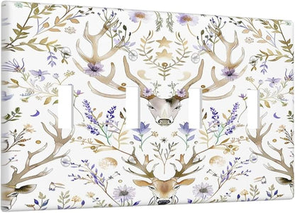 Light Switch Covers Gothic Retro Floral Damask Elk Wild Flower Quad Toggle Electrical Faceplate 4 Gang Wall Plate Decorative Switch Plates For Bed Room Living Room Decor