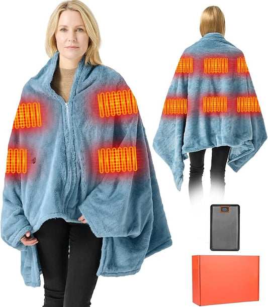 Graphene Heated Blanket Battery Operated, 20000mAh Battery 7.4V Fast Heating Blanket 70''x 35'' Portable Heated Shawl with Fleece Lining, Cordless Heated Shawl, Gift for Women (Blue)