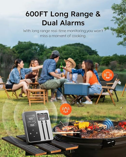 Smart Wireless Meat Thermometer | 6 Sensors Accuracy | 600FT Blutooth Range| IPX7 Waterpoof Dual Probes Digital Food Thermometer for Remote Monitoring of BBQ Grill, Oven, Smoker