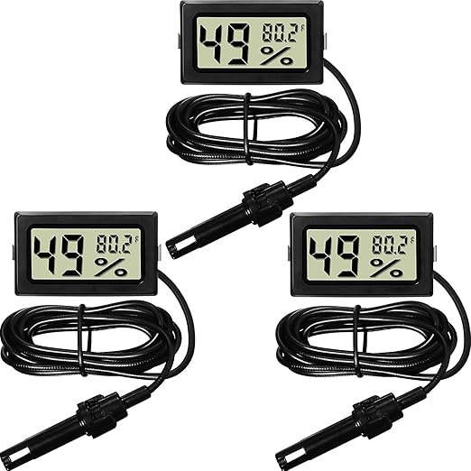 Weewooday Mini Digital Temperature Humidity Meters Gauge with Probe Gauge LCD Fahrenheit Display Thermometer Hygrometer for Incubator Reptile Plant Greenhouse Chicken Coop Garden(Black, 3 Pieces)