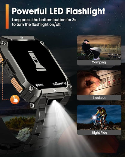 Military Smart Watches for Men, 1.95'' Smart Watch with 100 Days Battery/Flashlight, Fitness Tracker Watch with Heart Rate/Sleep Monitor/100+ Sports Mode,5 ATM Rugged Smartwatch for Android and iPhone