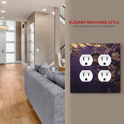Decorative Outlet Covers Vintage Purple Peony Gold Leaf Flowers Floral 2 Gang Wall Plate Double Duplex Light Switch Cover Switch Plate Covers Faceplate for Bedroom Home Decor