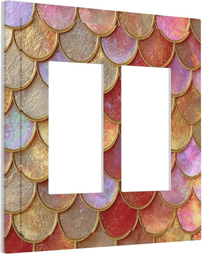 Mermaid Glitter Scale Rainbow Gold Fish Scales Decorative Outlet Covers 2 Gang Double GFCI Rocker Electrical Wall Panels Light Switch Cover Plate for Bed Room Home Decor