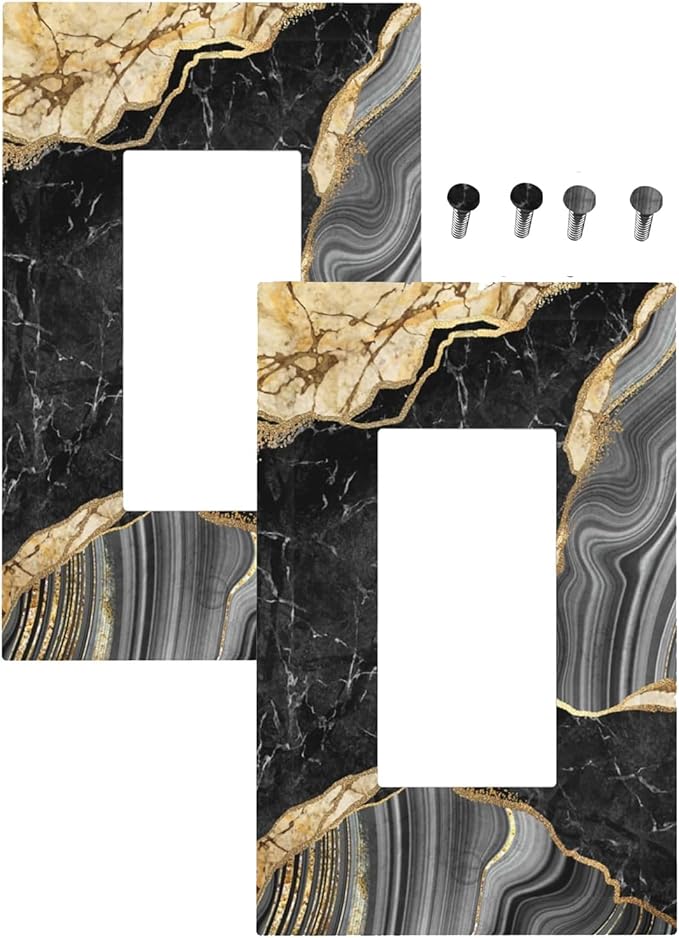 Decorative Outlet Covers Modern Abstract Black Gold Marble 1 Gang Rocker Light Switch Cover Plate Single Decora Light Switch Covers Wall Plate Faceplate for Kitchen Decor （2 Pack）