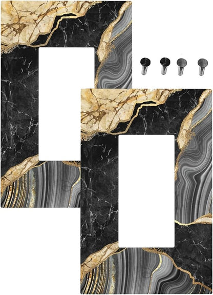 Decorative Outlet Covers Modern Abstract Black Gold Marble 1 Gang Rocker Light Switch Cover Plate Single Decora Light Switch Covers Wall Plate Faceplate for Kitchen Decor （2 Pack）