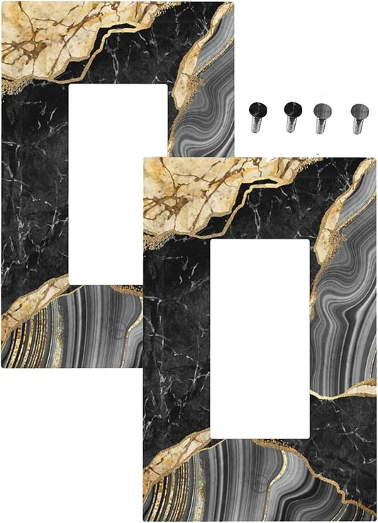 Decorative Outlet Covers Modern Abstract Black Gold Marble 1 Gang Rocker Light Switch Cover Plate Single Decora Light Switch Covers Wall Plate Faceplate for Kitchen Decor （2 Pack）