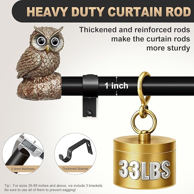 2 Pack Vintage Decorative Black Curtain Rods for Windows 28 to 48 Inch Adjustable Heavy Duty 1'' Diameter Curtain Rod with Owl Finials for Bedroom Living Room Kitchen Farmhouse (18-60'')