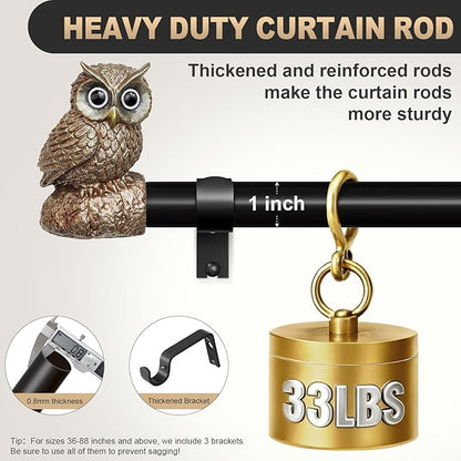 Vintage Decorative Black Curtain Rods for Windows 66 to 120 Inch Adjustable Heavy Duty 1'' Diameter Curtain Rod with Owl Finials for Bedroom Living Room Kitchen Farmhouse (36-120'')