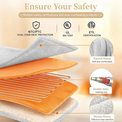 Electric Heated Throw Blanket 50" x 60", Soft Plush Flannel & Sherpa Electric Blanket with 8 Heat Settings, 1-12H Auto-Off, Fast & Even Heating, Machine Washable, Ideal for Home & Office, Light Gray