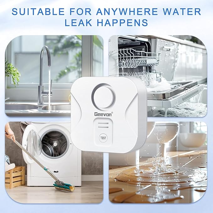 Geevon 4 Pack Water Leak Detectors for Home, 100dB Water Sensor Alarm Flood Leakage Detection Devices for Bathroom, Basements, Laundry Rooms, Kitchen, IP56 Waterproof(Battery＆Screwdriver Included)