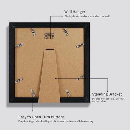 iRahmen 10x10 Picture Frame Set of 4 with HD Glass, Black Frames Display 8x8 Picture with Mat or 10 x 10 Without Mat, Wooden Photo Frames for Tabletop Display and Wall Mounting