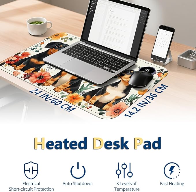 Heated Mouse Pad with 3 Temperature Settings(104°F–122°F),Large 24x14.2 Inch PU Leather Heated Desk Mat,Waterproof Warming Pad for Office,Gaming & Cold Hands Relief,Dogs and Flowers