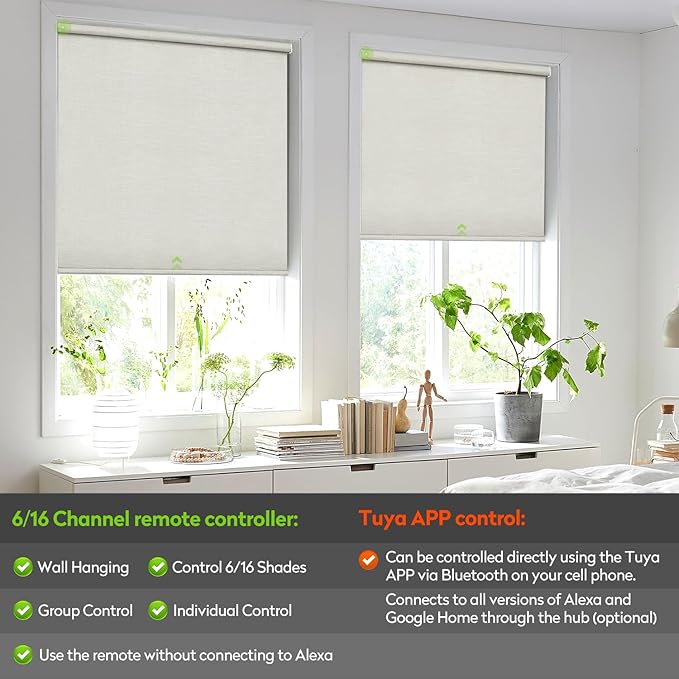 ZSTARR Motorized Blackout Roller Blinds with Remote Control,Rechargeable Smart Window Shades Compatible with Alexa Google via Hub,Fabric Wrapped Valance, Custom Size (Beige)