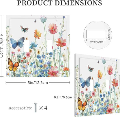Decorative Light Switch Cover Plate Rustic Wildflower Blue Pink Floral Butterfly 2 Gang Outlet Covers Double Toggle Wall Plates for Electrical Outlets Switch Plate Covers for Home Decor