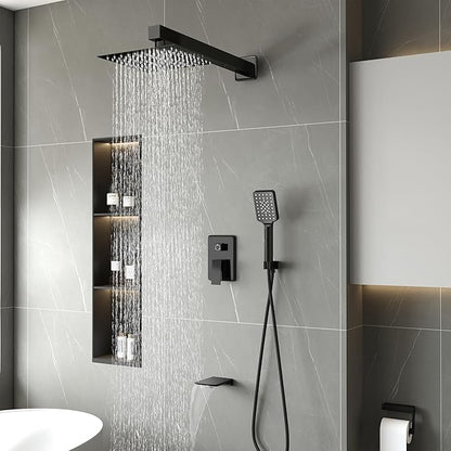 Shower Faucet Set Complete Matte Black Shower System with 10 inch Square Rainfall Shower Head 3-Function Handheld Shower Waterfall Bathtub Spout Rain Shower Combo Set Bathroom Wall Mounted
