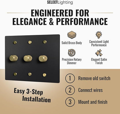 SELECT Black Brass Dimmer Light Switch, 1 Way Rotary Dimmer, 3 Gang TRIAC/Leading Edge Dimmable LED Light Switch, 15A 120V AC with Brass Knob, Faceplate & Dimming Module, UL Listed