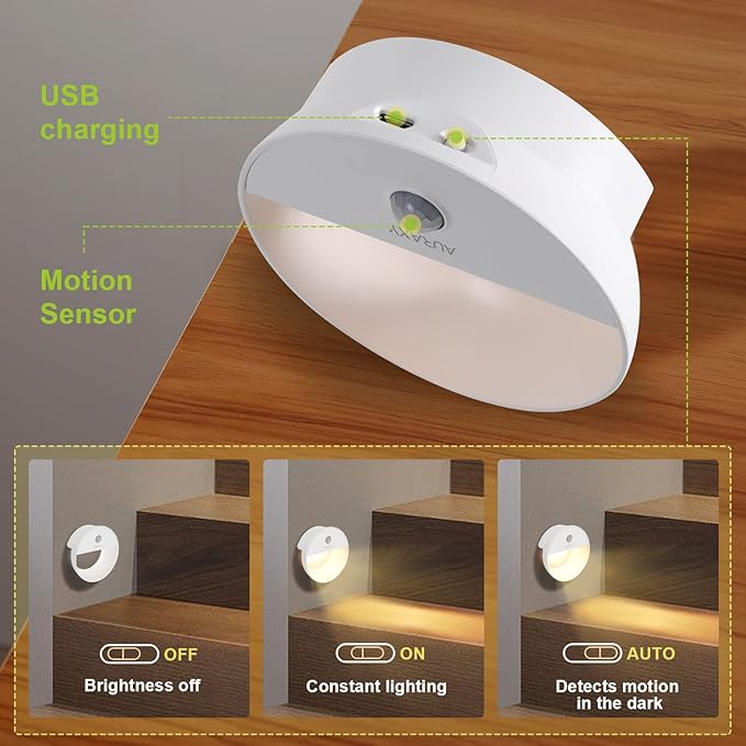 Rechargeable Battery Night Light, Motion Sensor Night Light, LED Warm White Magnetic Stick-on Motion Sensored Hallway Light, with Dusk to Dawn Sensor for Stairs, Wall, Closet, Cabinet (3 Pack)