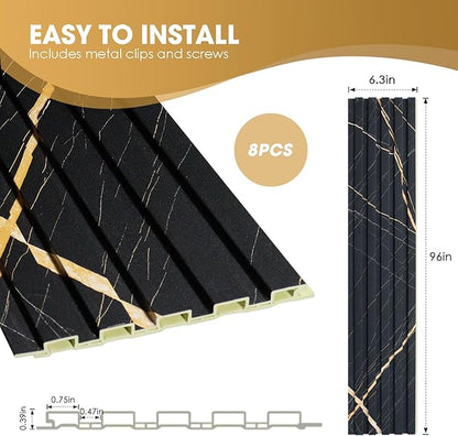 OUZUGIE WPC Acoustic Slat Wall Paneling, 8-Pack 96 x 6 Inches 3D Wall Panels for Interior Wall Decor,Living Room,TV Background,Study Room,Office Spaces,Bedroom,Low Grille (Black Marble)