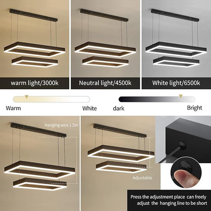 Modern Chandeliers for Living Room, 2-Ring Rectangles Pendant Light Kitchen Island Fixtures, Dimmable LED Chandelier for Dining Room Bedrooms, Black (40CM/60CM)