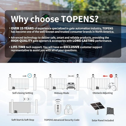 TOPENS DK1000S Solar Sliding Gate Opener Rack Drive Automatic Gate Motor for Heavy Driveway Slide Gates Up to 1800 Pounds, Electric Gate Operator Battery Powered with Solar Panel Remote Control Kit
