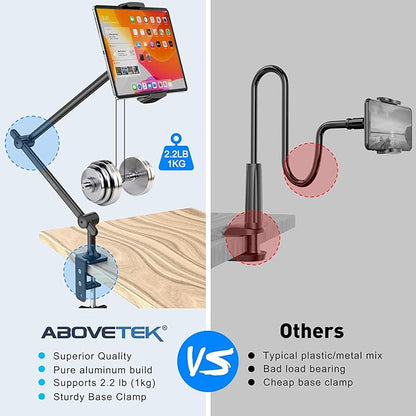 AboveTEK Tablet Stand Holder for Desk & Bed, Aluminum iPad Holder Arm with 360° Rotating Clamp, Adjustable Phone Stand Compatible with 4.7"-13.5" iPad Pro/Air/Mini, iPhone, Galaxy Tab- Black
