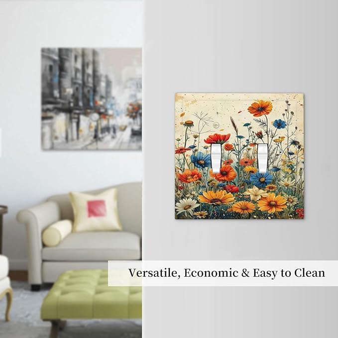 Decorative Switch Plate Covers Colorful Flowers Wildflowers Plants Orange Yellow Blue 2 Gang Double Toggle Light Switch Cover Plate Electrical Wall Plate Outlet Cover for Home Farmhouse