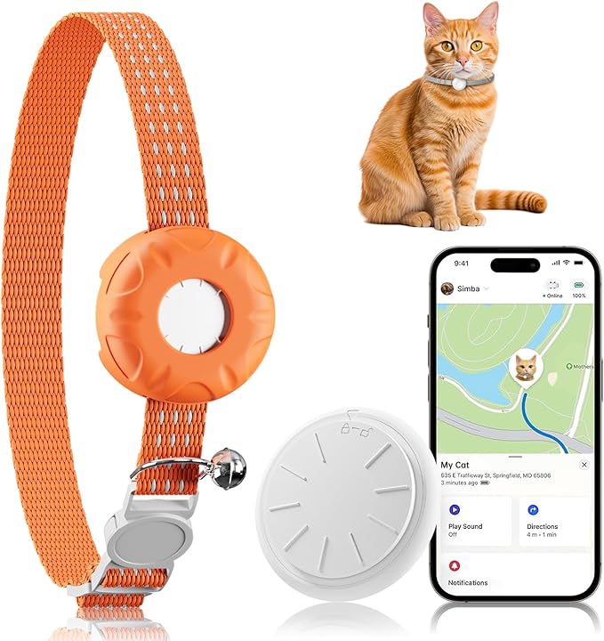 Cat GPS Tracker, Waterproof Pet Tracker for Cats, Cat GPS Tracker Collar with Safety Elastic Buckle, Works with Any Collar,Compatible with Apple Find My App (Only iOS), No Monthly Fee, Orange
