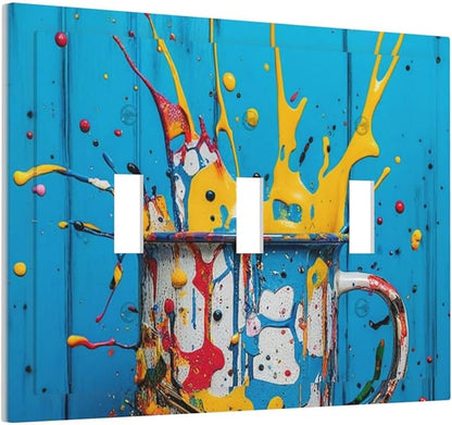 Decorative Light Switch Cover Plate Colorful Paint Splatters Blue Wood Plank 3 Gang Wall Plate Oversized Triple Toggle Switch Cover Plate Jumbo Faceplate for Bedroom Decor