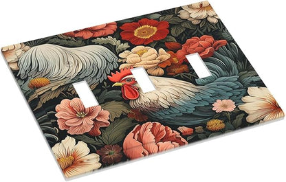 Decorative Switch Plates Rooster Flowers Red White Chicken Floral 3 Gang Wall Plate Triple Toggle Light Switch Cover Faceplate Electrical Wall Panels for living Room Farmhouse Decor