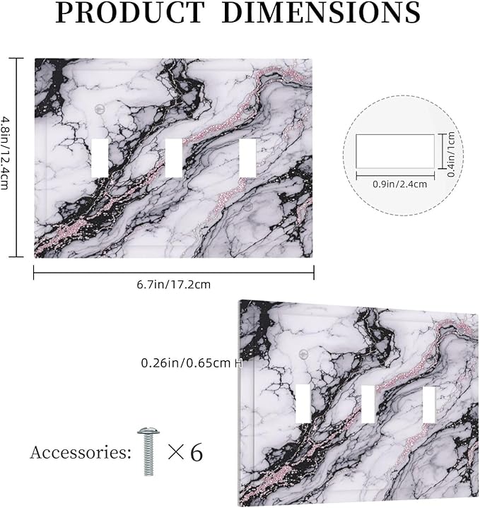 Decorative Switch Plates White Marble Pattern Black Lines Pink Lines 3 Gang Wall Plate Triple Toggle Light Switch Cover Faceplate Electrical Wall Panels for living Room Office Decor